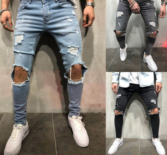 Jean skinny destroy homme, trous genoux XL, coupe moulante