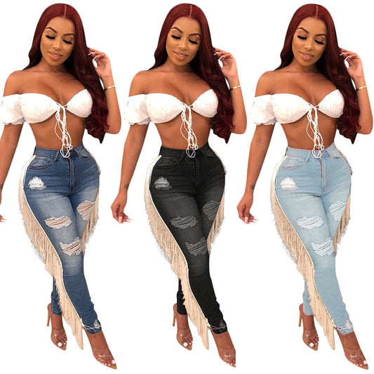 Jean Skinny Déchiré Femme avec Franges Latérales – Style Glam & Audacieux