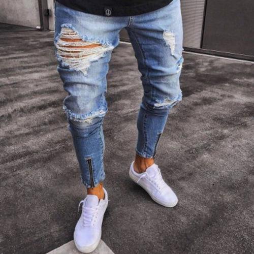 Jean Slim Déchiré Homme – Style Urbain avec Fermeture Éclair