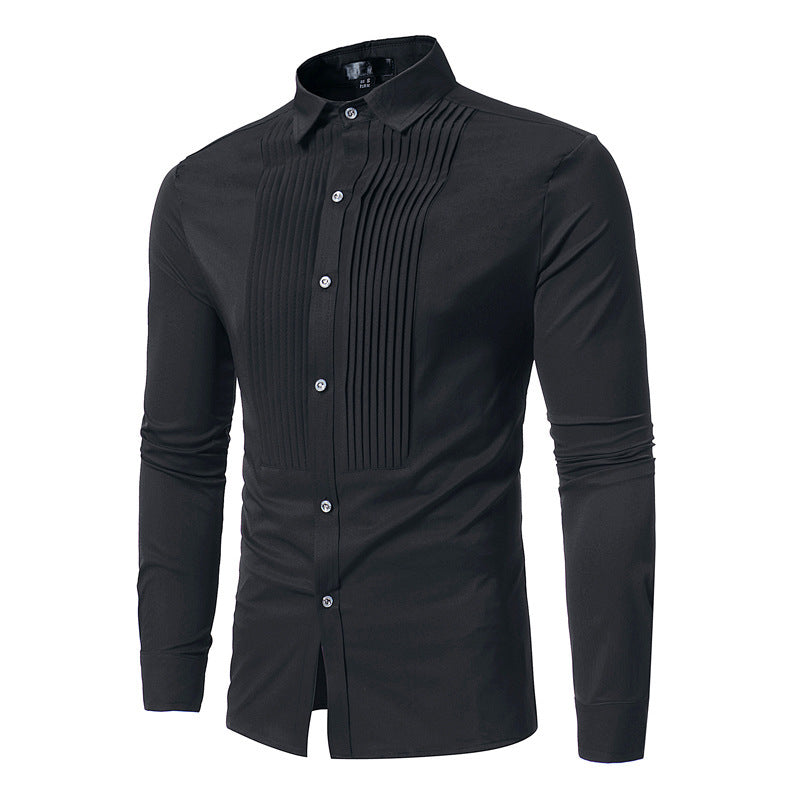 Chemise Homme Élégante Noire – Col Classique & Plis Raffinés