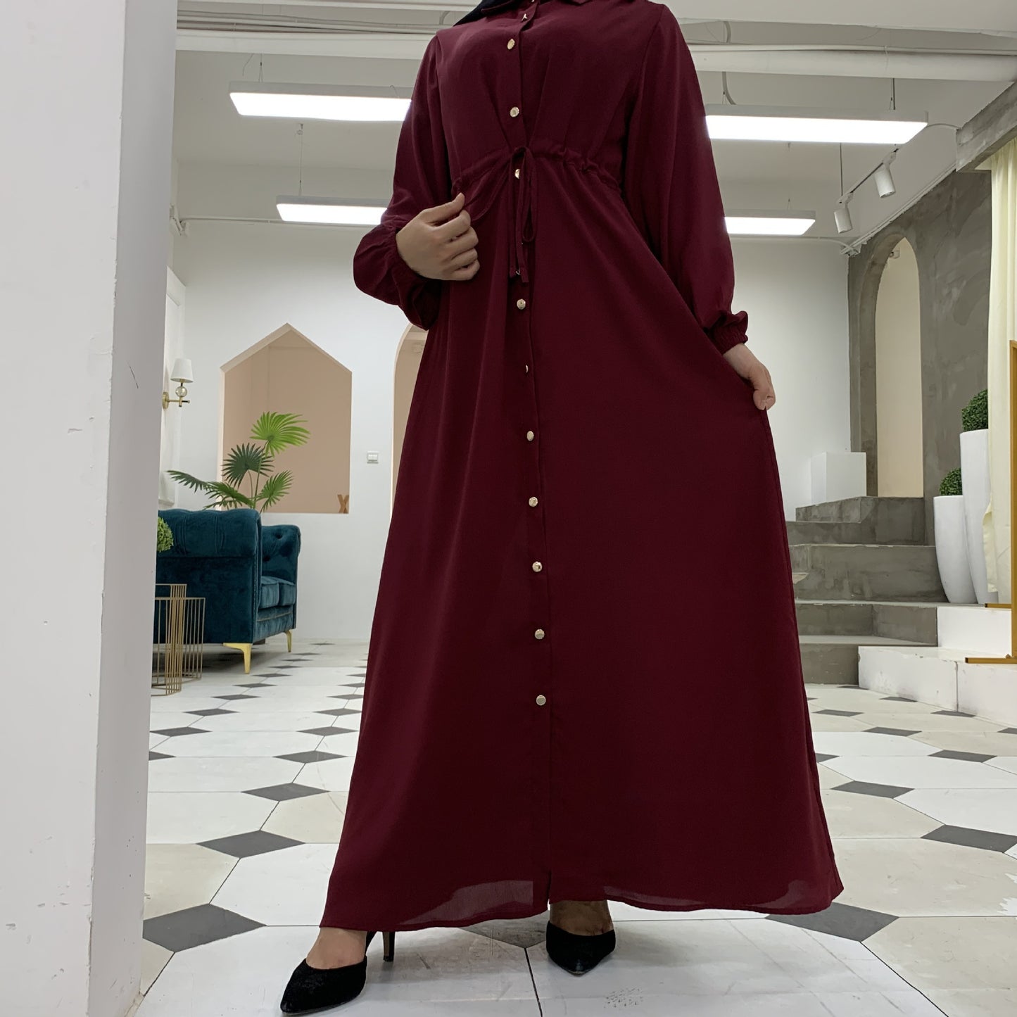 Robe Longue Abaya Élégante – Boutons & Ceinture Ajustable