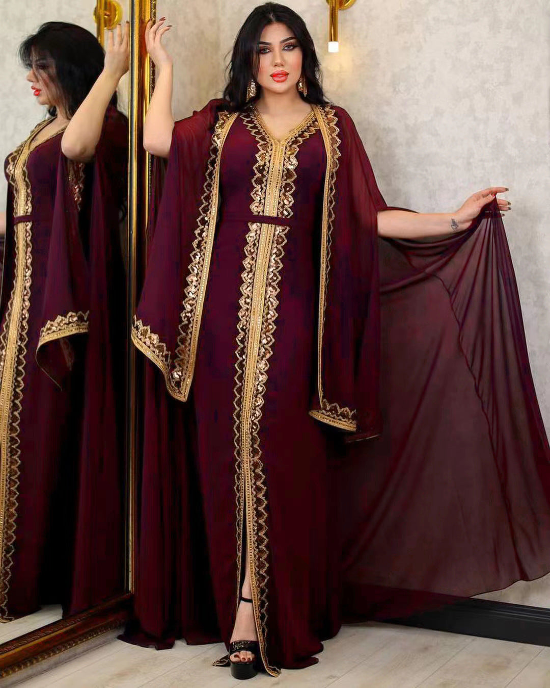 Robe Orientale de Cérémonie avec Cape Pailletée – Élégance et Raffinement ✨