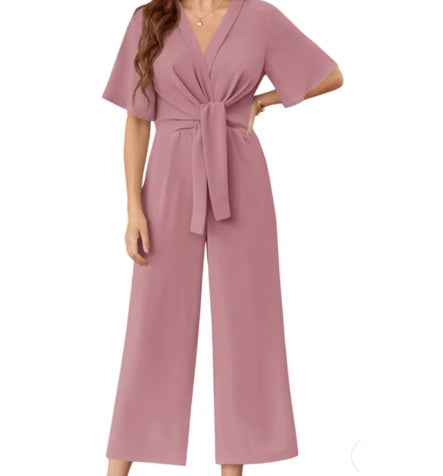 Solid Color And V-neck Minimalist Design Short-sleeved Jumpsuit