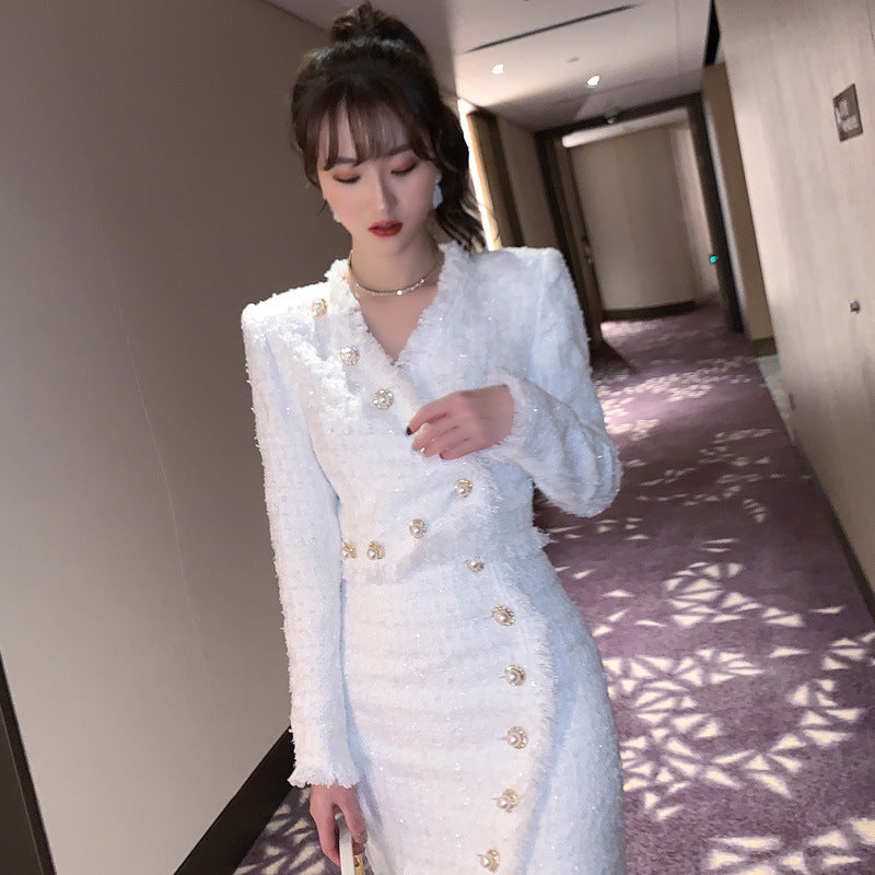 Ensemble Tailleur Femme 2 Pièces en Tweed – Veste Chic à Double Boutonnage + Jupe Élégante