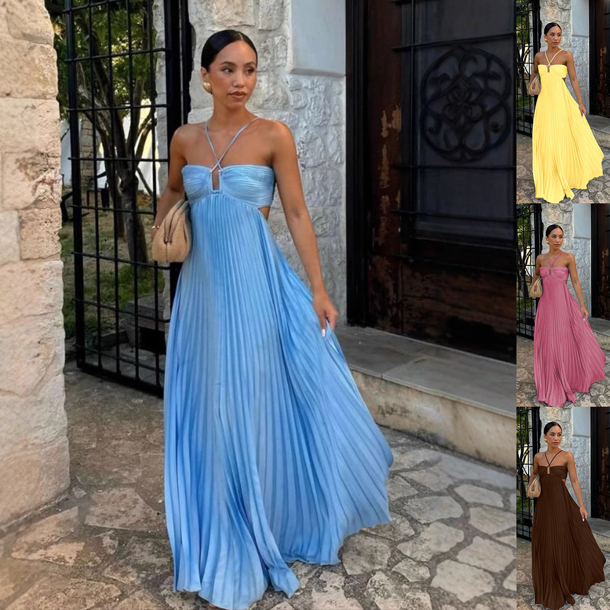 Robe Plissée Longue Sans Manches – Élégance Fluide & Dos Nu Chic