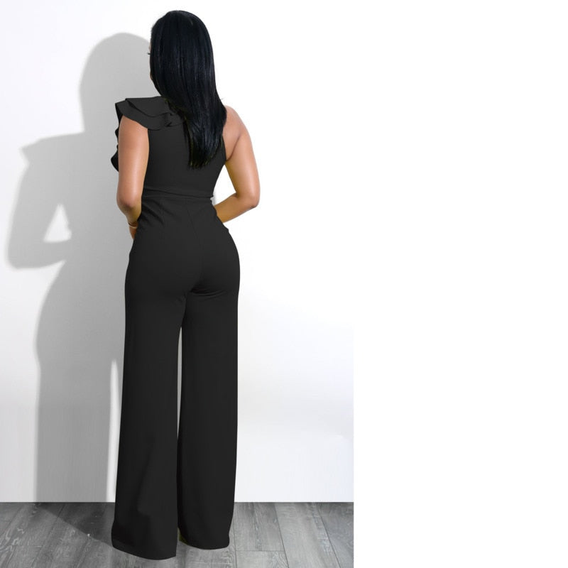 Combinaison Femme Asymétrique à Volants – Décolleté V Glamour, Coupe Large Évasée – Noir, Rouge, Vert