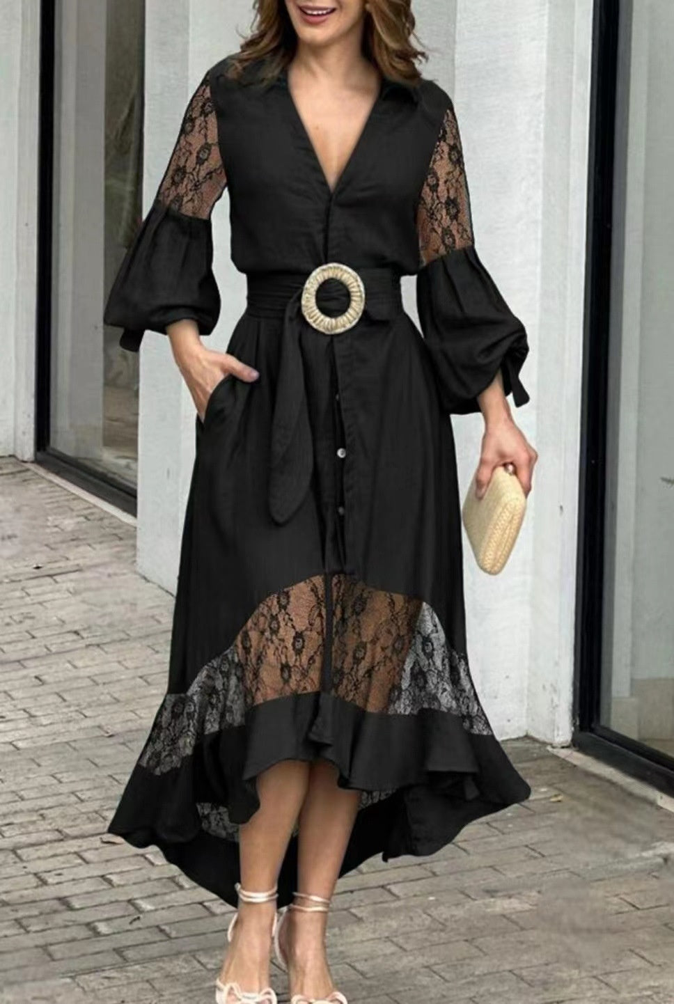 Robe élégante ceinturée – Manches bouffantes & col V | Style chic et fluide