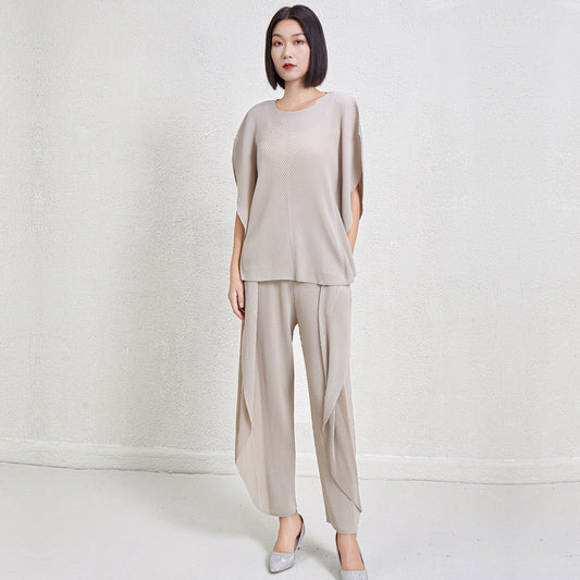 Ensemble Minimaliste Femme – Noir Élégant Plissé | Style Japonais Haute Qualité