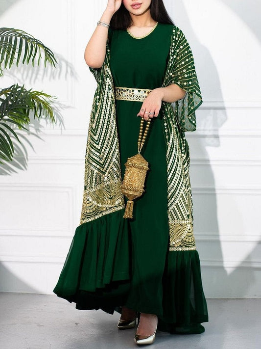 Ensemble Chic Oriental 2 Pièces – Robe Longue Sans Manches & Kimono Brodé Doré