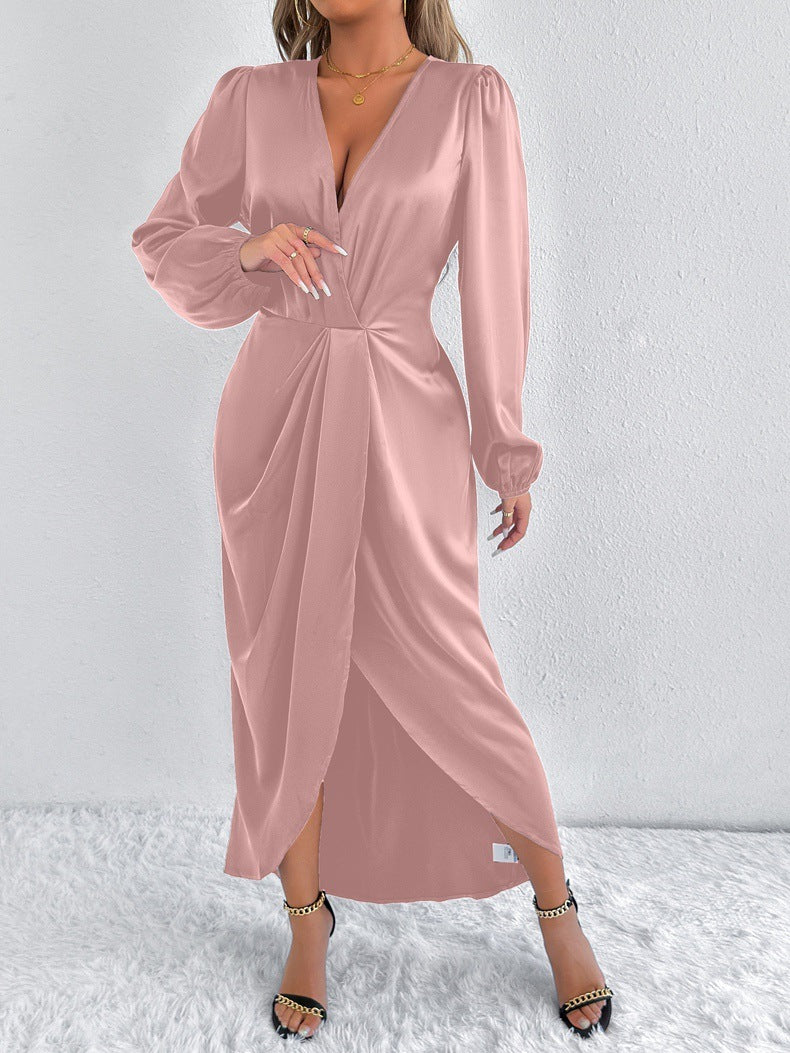 Robe Drapée Élégance Satinée – Rose Fuchsia