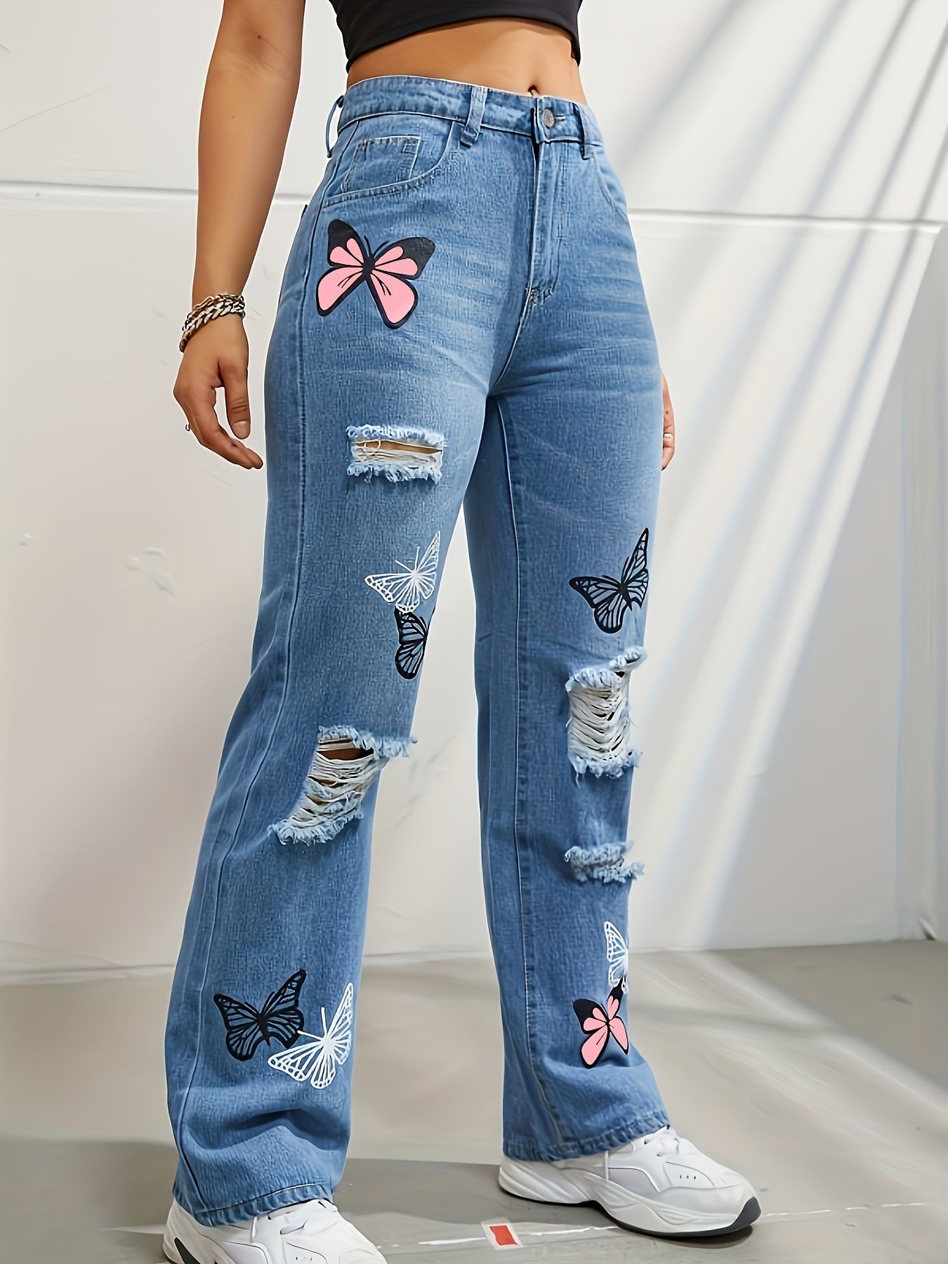 Jean Femme Droit Taille Haute – Motif Papillons & Effet Déchiré