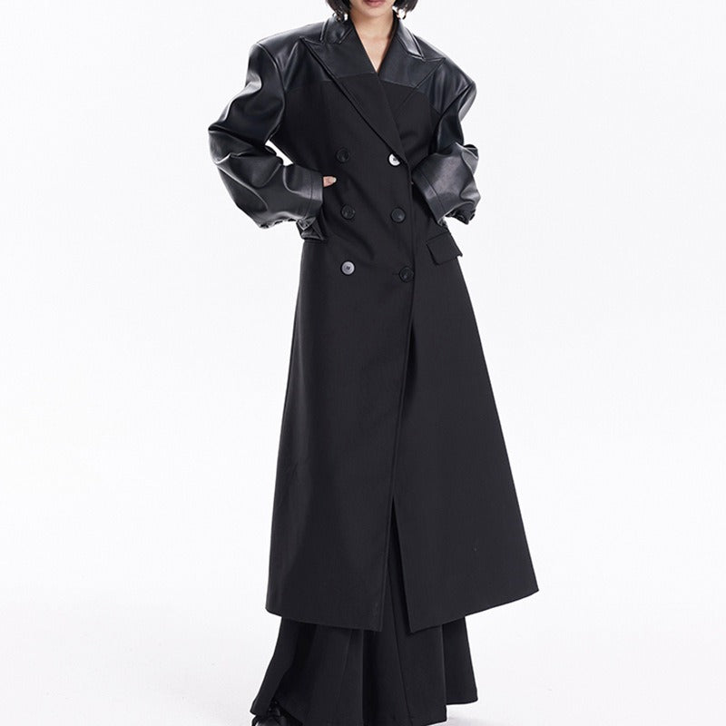 Manteau Long Femme Chic – Épaules et Manches en Similicuir Noir