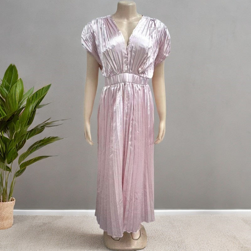 Robe Satinée Femme Évasée Plissée – Col V Profond Élégant – Robe Chic de Soirée