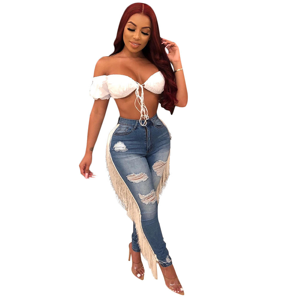 Jean Skinny Déchiré Femme avec Franges Latérales – Style Glam & Audacieux