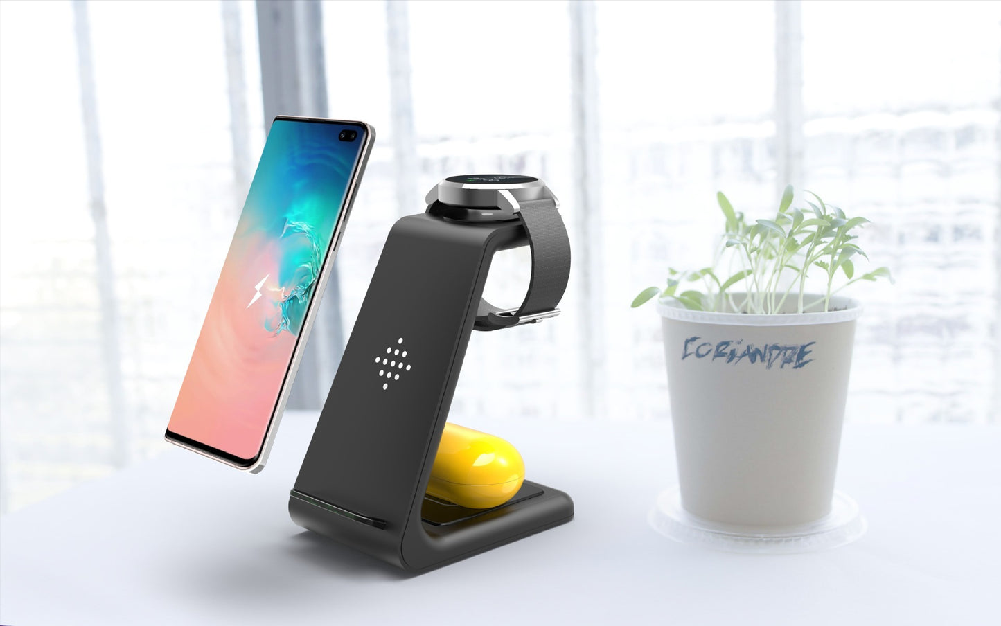 Chargeur Sans Fil 3 en 1 – Station de Chargement Rapide pour Smartphone, Montre et Écouteurs