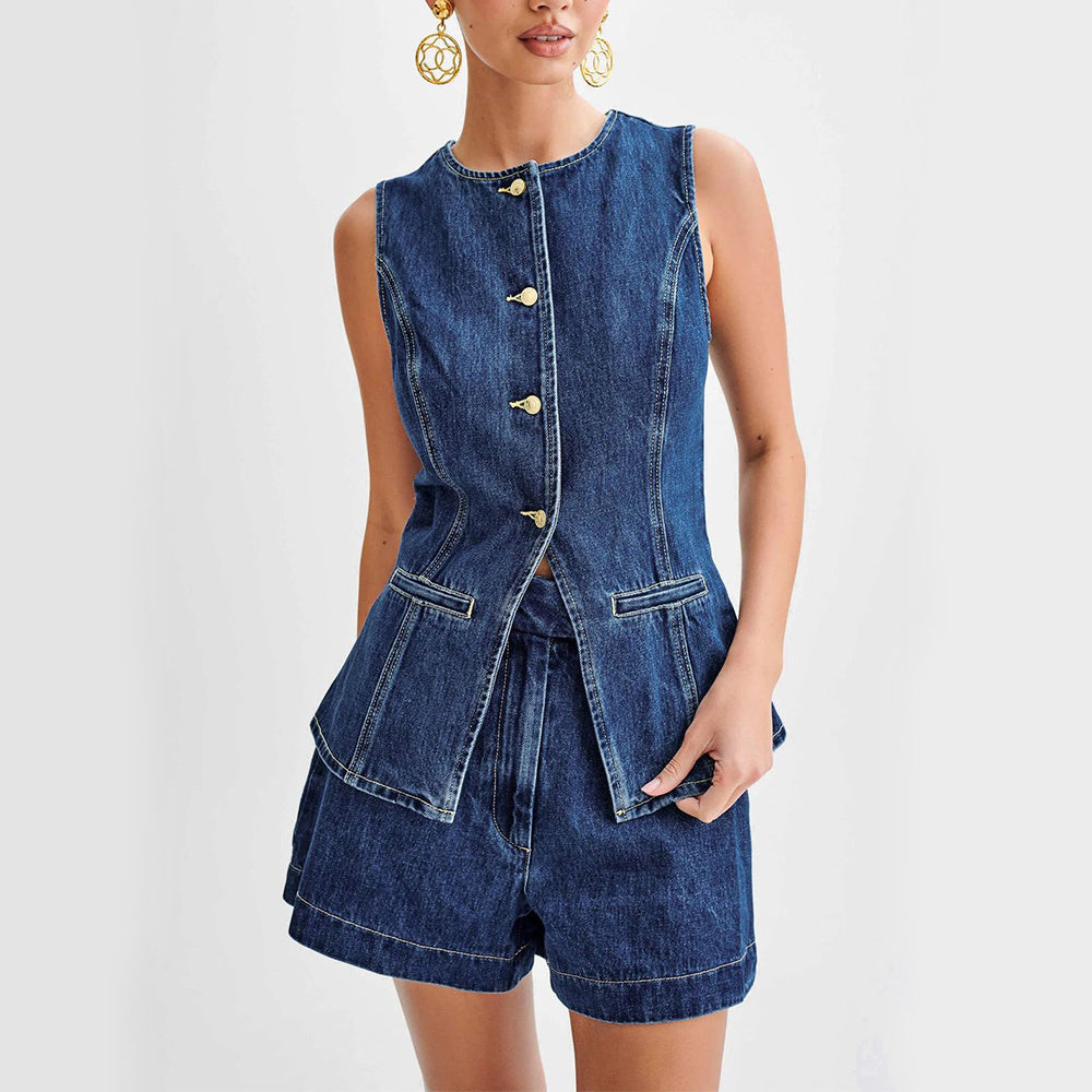 Ensemble Denim Élégance™ – Gilet & Short Taille Haute