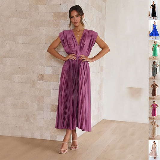 Robe Plissée Élégante Femme – Longue, Fluide & Chic, Col V, Disponible en Plusieurs Couleurs