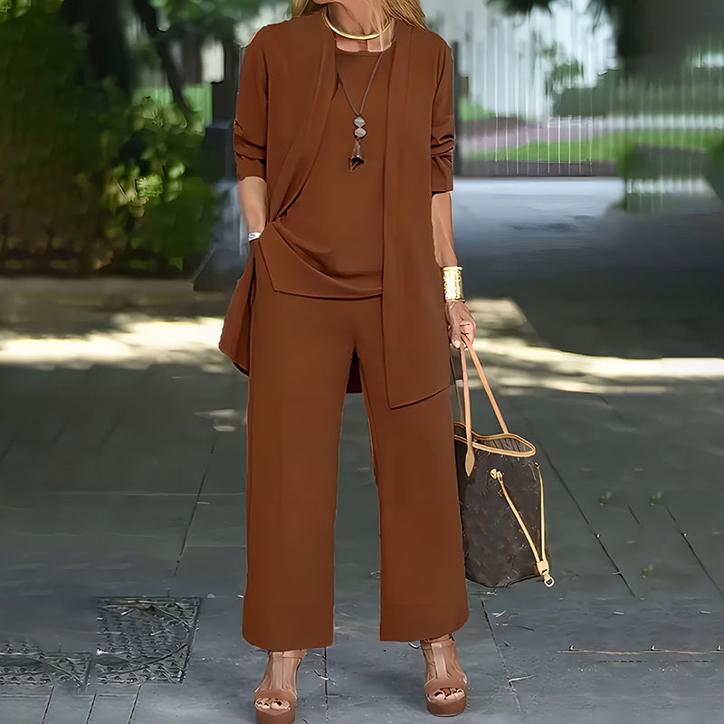 Ensemble Femme Élégant 3 Pièces – Pantalon Large + Haut Fluide + Veste Longue