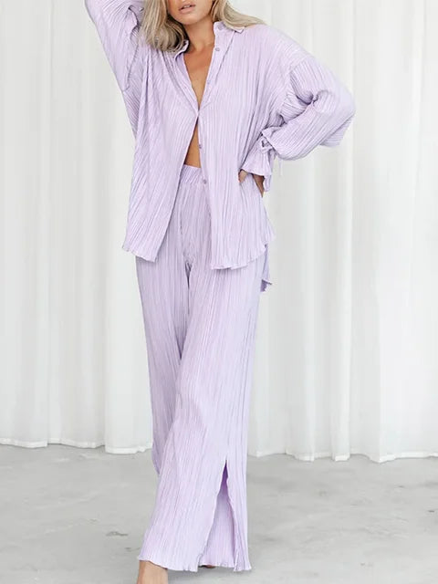 Ensemble plissé 2 pièces femme – Chemise + Pantalon fluide