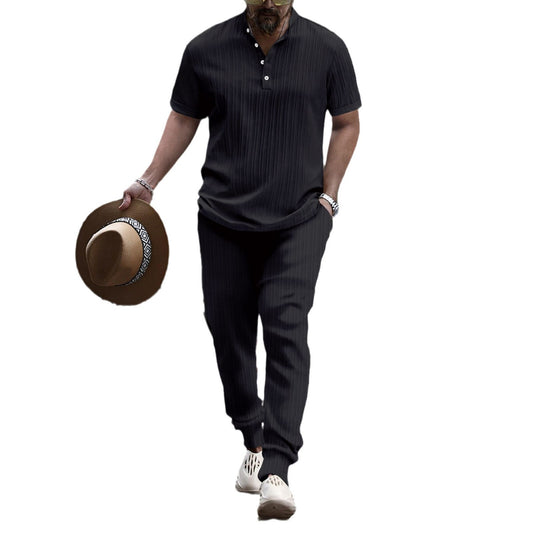 Ensemble 2 pièces Homme Casual Chic – Col Henley & Tissu Plissé