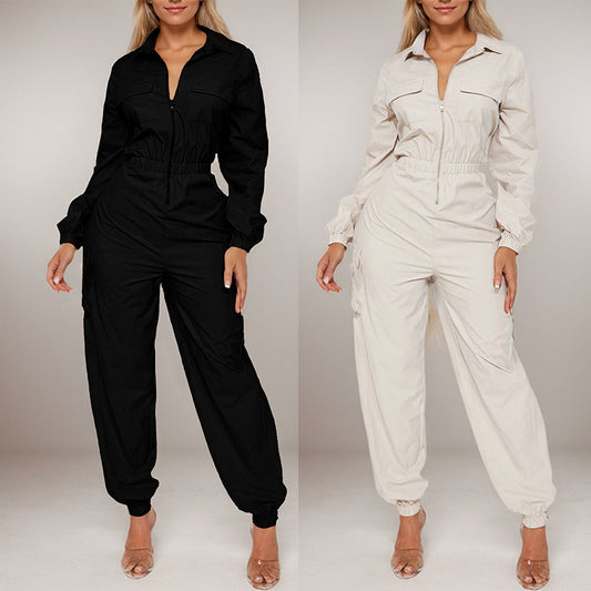 Combinaison zippée chic pour femme – Style cargo élégant, manches longues, coupe ample