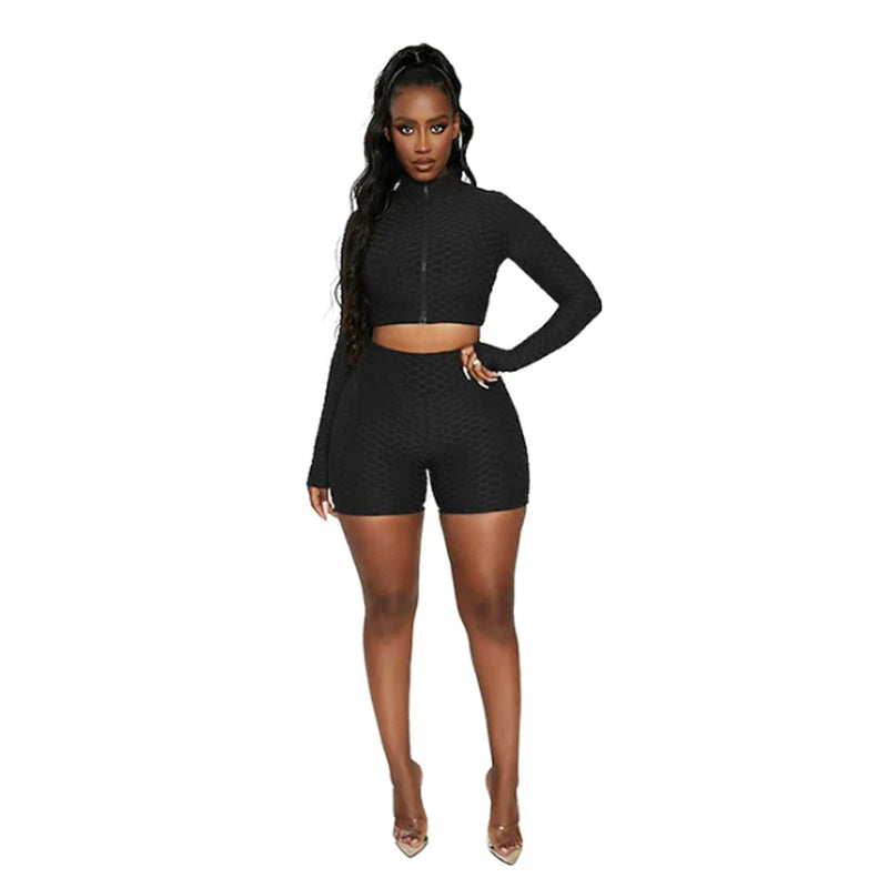 Ensemble 2 pièces femme – Crop top manches longues + short taille haute