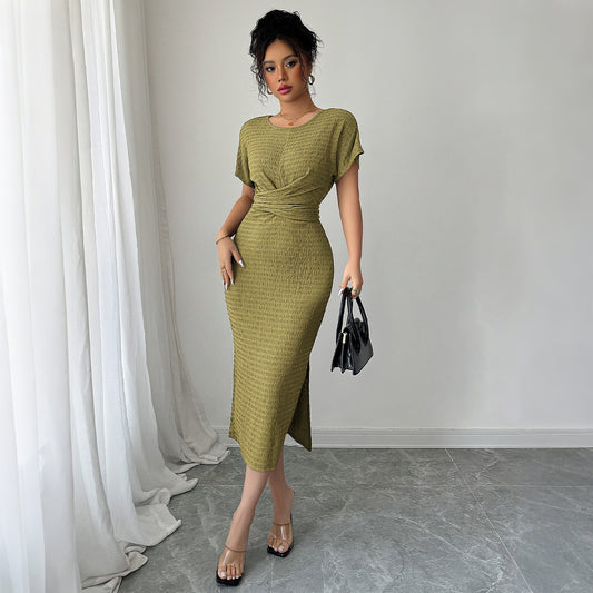Robe moulante croisée style chic européen – Taille haute, manches courtes | Élégance minimaliste