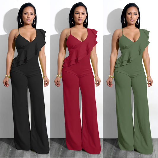 Combinaison Femme Asymétrique à Volants – Décolleté V Glamour, Coupe Large Évasée – Noir, Rouge, Vert