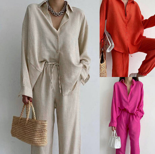 Ensemble 2 pièces femme été – Chemise oversize + pantalon large – Style chic européen