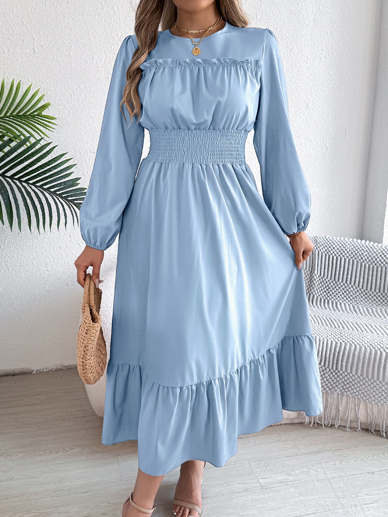 Robe Longue Femme Élégante – Manches Longues & Taille Élastique Smockée