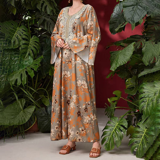 Robe Caftan Chic à Broderies Orientales - Écru & Marron