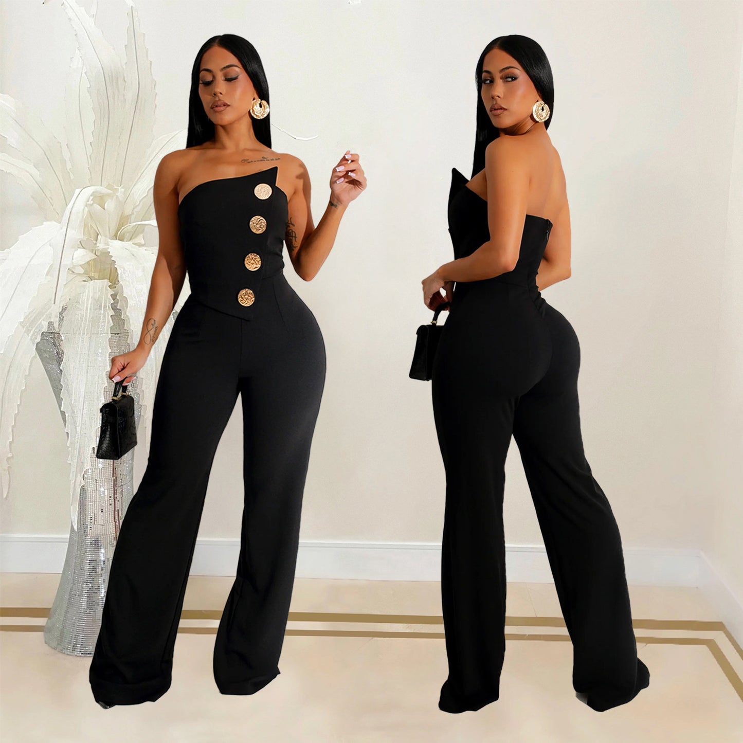 Combinaison Asymétrique Femme – Élégance Chic & Boutons Dorés