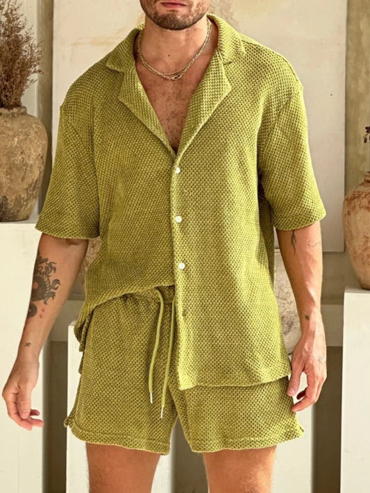 Ensemble Homme Plissé "Ibiza Vibe" – Bleu Marine / Moutarde / Noir