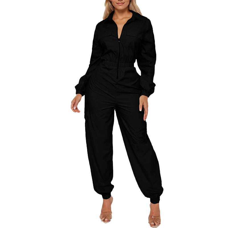 Combinaison zippée chic pour femme – Style cargo élégant, manches longues, coupe ample
