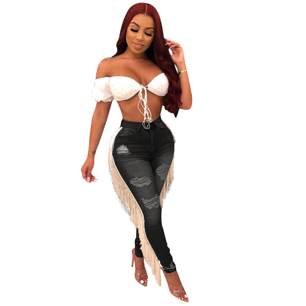 Jean Skinny Déchiré Femme avec Franges Latérales – Style Glam & Audacieux