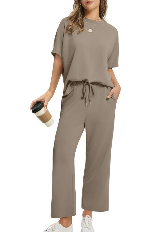 Ensemble Femme Décontracté 2 Pièces – T-Shirt + Pantalon Large avec Cordon