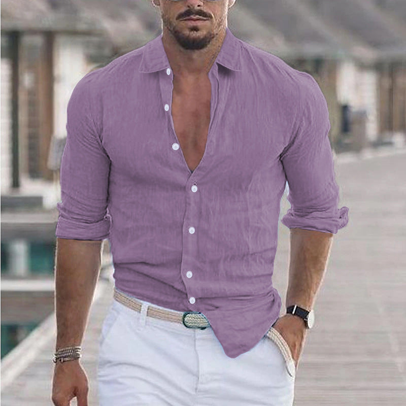 Chemise légère été homme coton/lin – Look chic décontracté | Manches longues