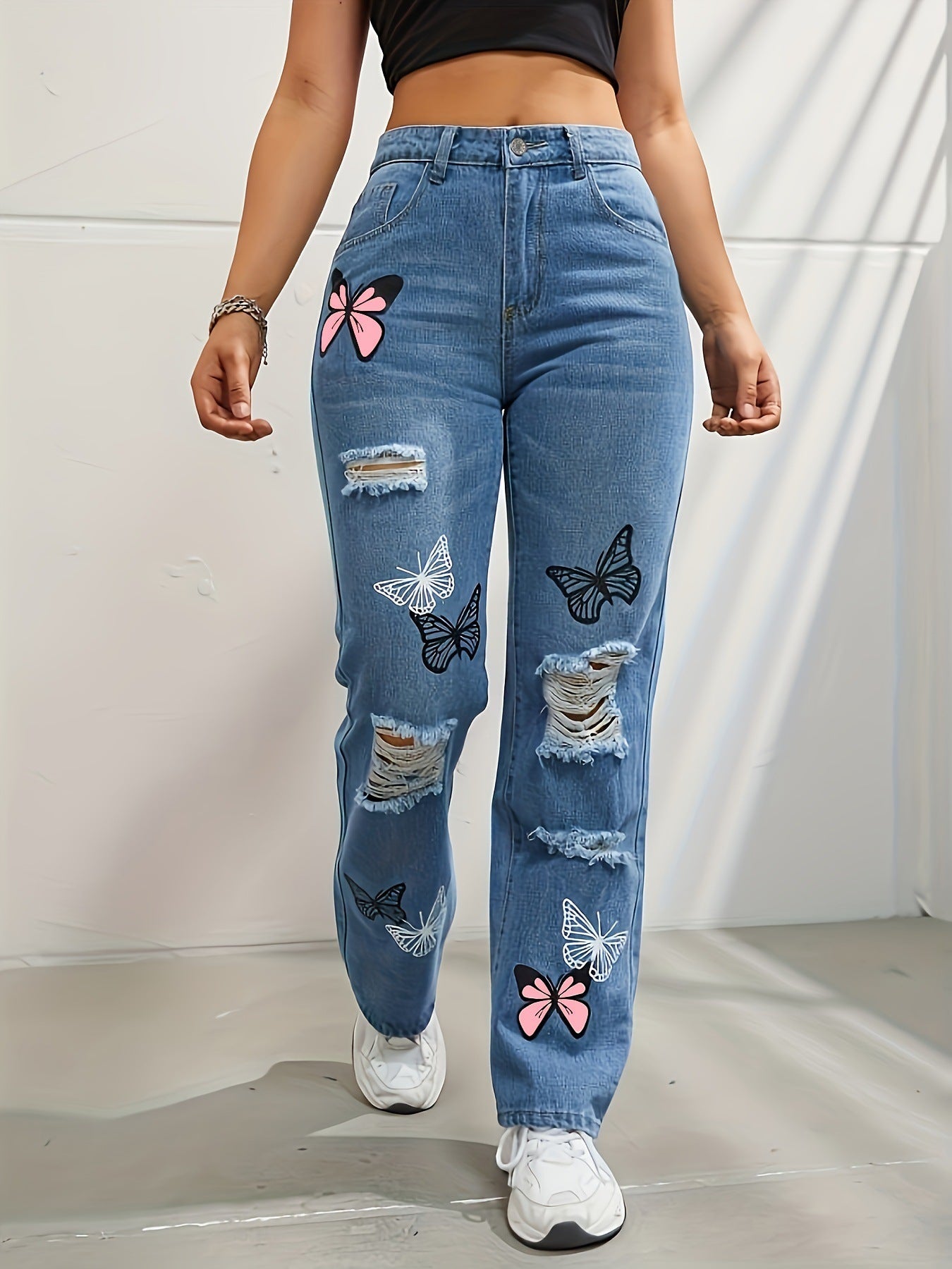Jean Femme Droit Taille Haute – Motif Papillons & Effet Déchiré