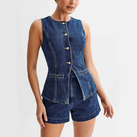 Ensemble Denim Élégance™ – Gilet & Short Taille Haute