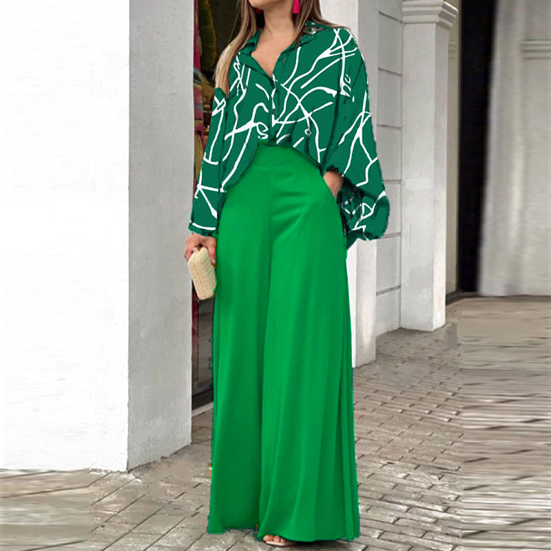 Ensemble Femme Élégant – Chemise Fluide Imprimée + Pantalon Large Haute Taille