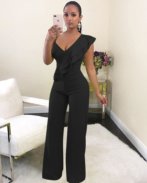 Combinaison Femme Asymétrique à Volants – Décolleté V Glamour, Coupe Large Évasée – Noir, Rouge, Vert