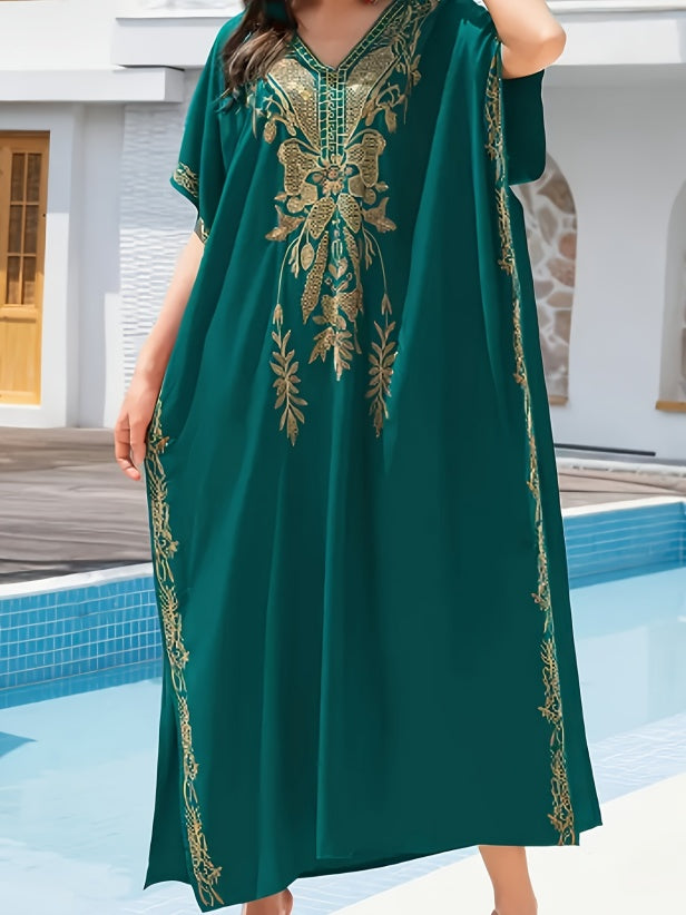 Caftan Décontracté Élégance Orientale – Vert Émeraude & Or
