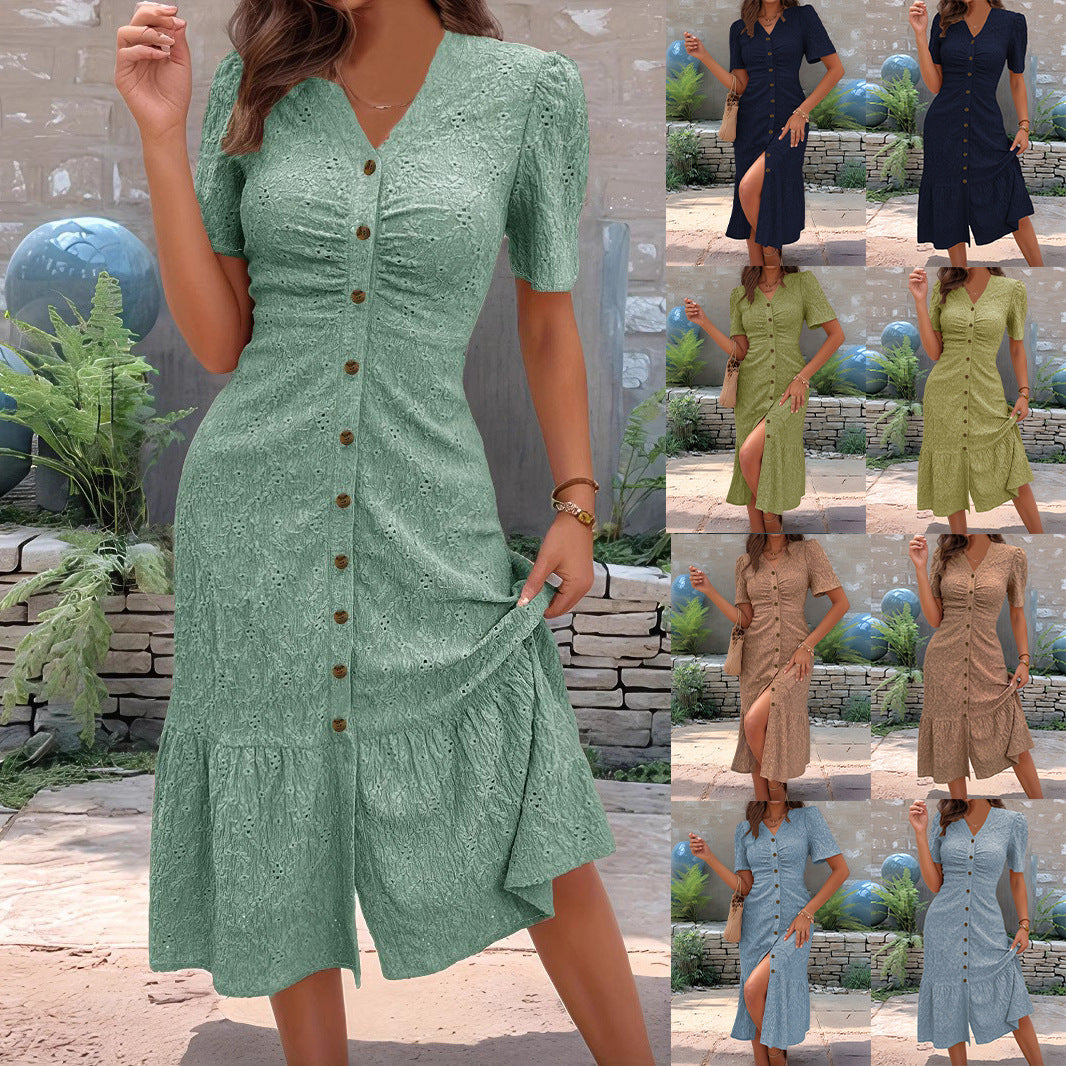 Robe Femme Boutonnée en Dentelle – Élégante, Mi-Longue, Col V