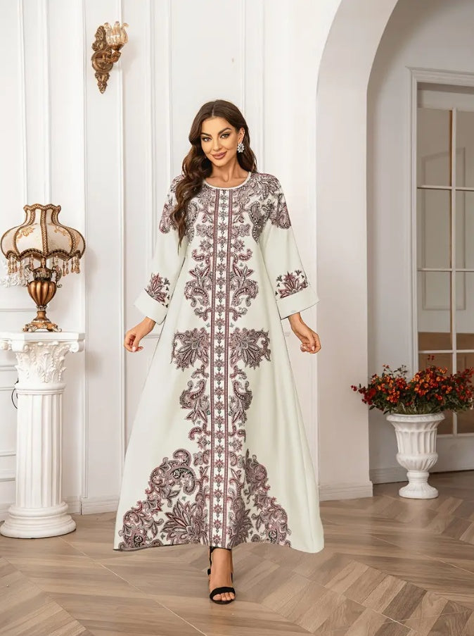 Robe Longue Orientale Femme – Style Arabe Élégant avec Motifs Imprimés – Tenue Chic et Traditionnelle