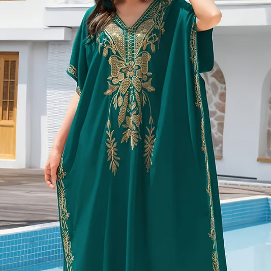 Caftan Décontracté Élégance Orientale – Vert Émeraude & Or