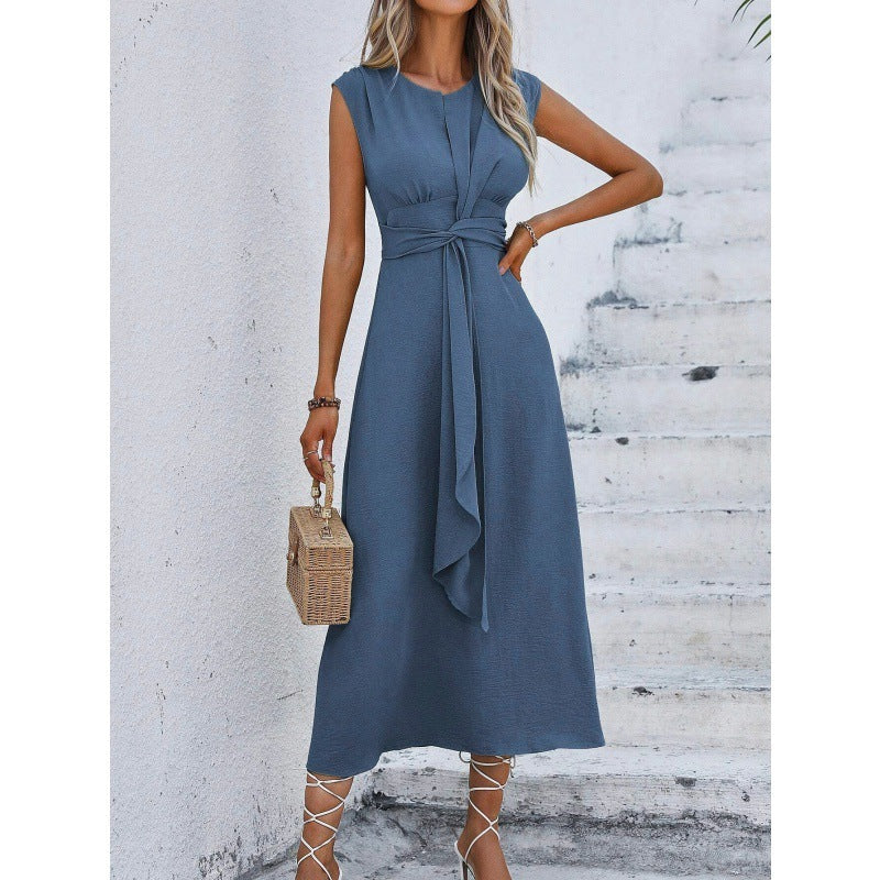Robe Longue Élégante Femme – Sans manches, col tailleur chic avec ceinture à la taille
