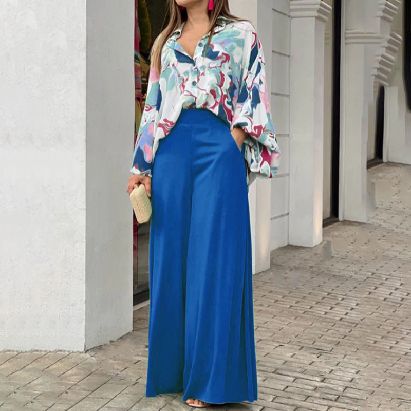 Ensemble Femme Élégant – Chemise Fluide Imprimée + Pantalon Large Haute Taille
