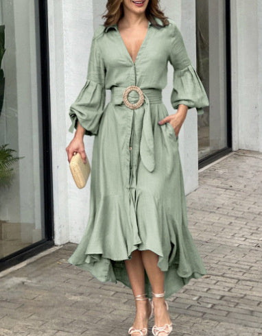 Robe élégante ceinturée – Manches bouffantes & col V | Style chic et fluide