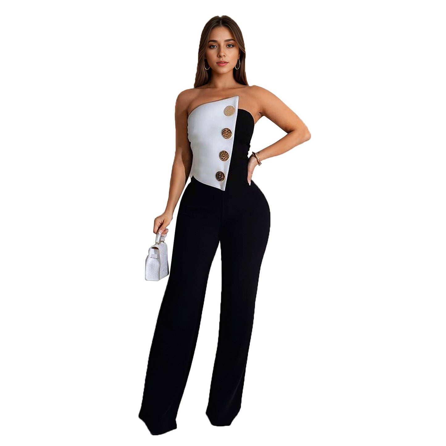 Combinaison Asymétrique Femme – Élégance Chic & Boutons Dorés
