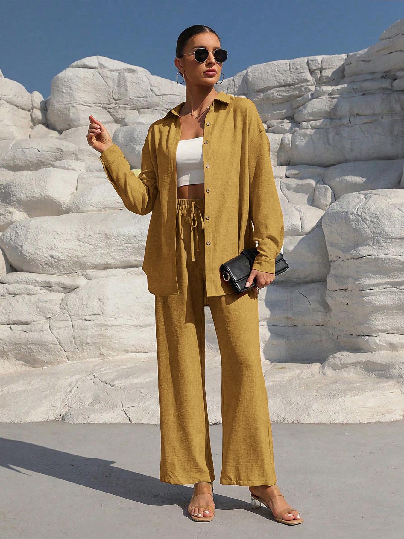 Ensemble Femme Chic – Veste Longue & Pantalon Large Taille Haute | Look Décontracté et Élégant Été 2025